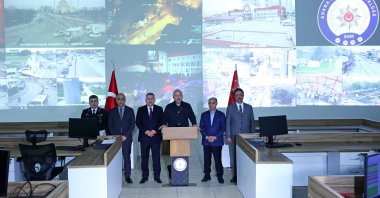 Minister Soylu (C) accompanied by Governor Süleyman Elban, Chief of Police Mehmet Aktaş, Provincial Police Chief Doğan İnci and Provincial Gendarmerie Commander Colonel Bilgihan Yeşilyurt, March 22, 2023. (AA Photo)