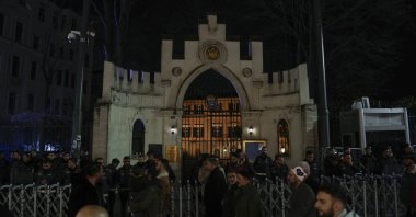 Riot police stand guard at the entrance of the Swedish consulate during a protest after the Quran-burning incident in Sweden, Istanbul, Türkiye, Jan. 22, 2023. (AP Photo)