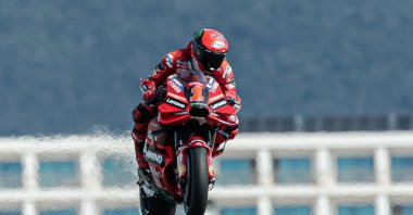 Italian Moto GP driver of Ducati Lenovo Team Francesco Bagnaia, in action during the training sessions at Algarve International Circuit, Portimao, Portugal, March 12, 2023. (EPA Photo)