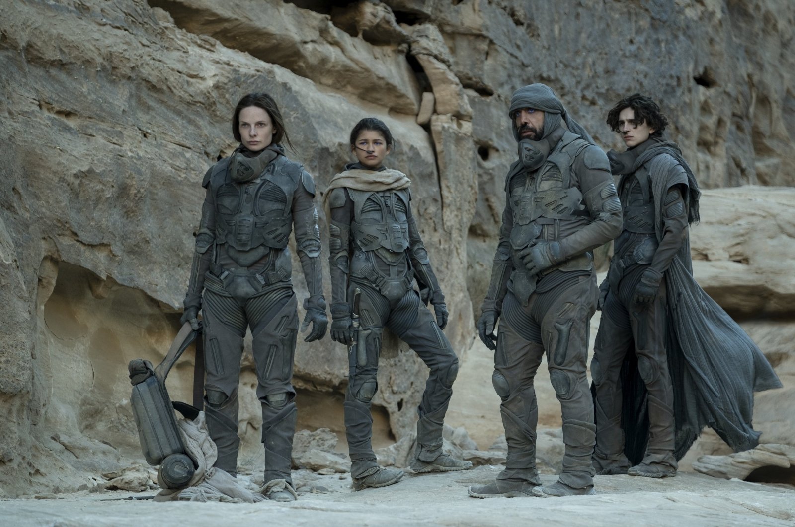 Rebecca Furguson (L), Zendaya (C-L), Javier Bardem (C-R) and Timothee Chalamet, in a scene from the film &quot;Dune.&quot; (dpa Photo)