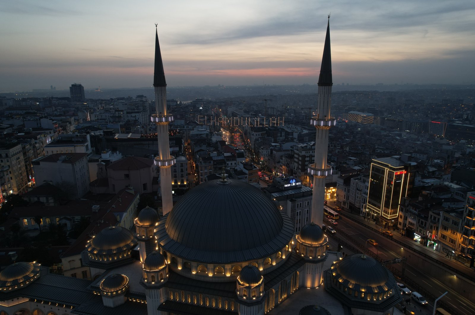 Aerial view of Taksim mosque decorated prior to Ramadan, Istanbul, Türkiye, March 20, 2023. (IHA Photo)