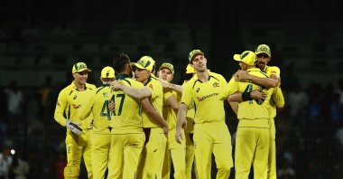 Australia players celebrate their victory during game three of the One Day International series between India and Australia at MA Chidambaram Stadium, Chennai, India, March 22, 2023. (Getty Images Photo)