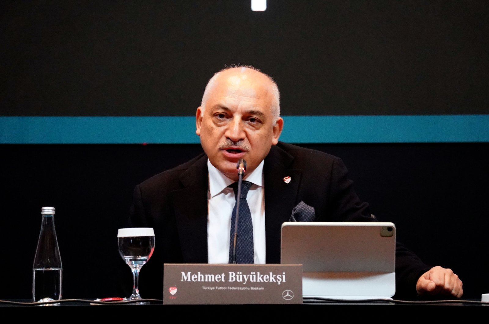 TFF President Mehmet Büyükekşi speaks during a sponsorship renewal agreement with Mercedes-Benz, Istanbul, Türkiye, March 21, 2023. (IHA Photo)