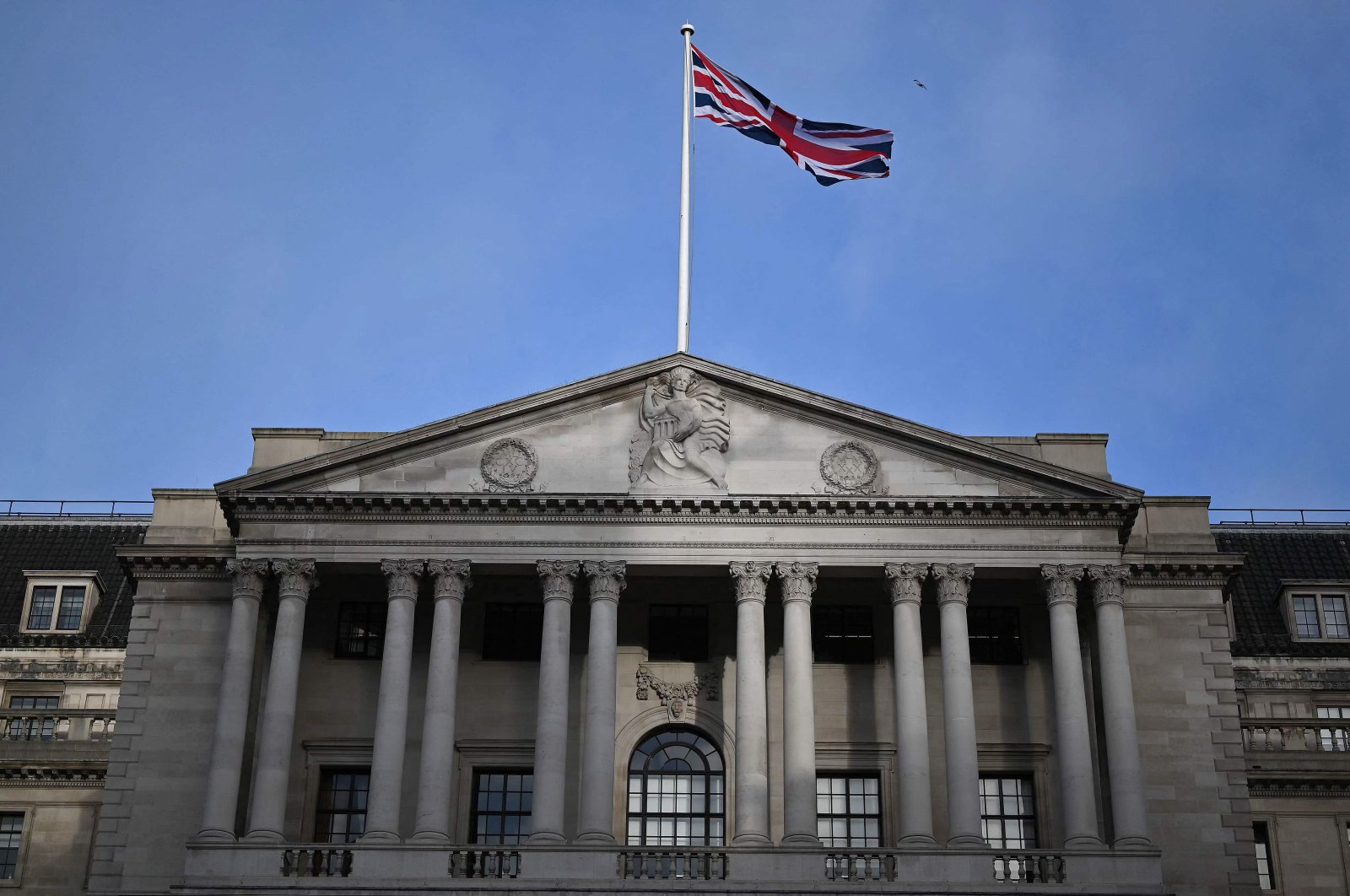 In this file photo taken on Feb. 2, 2023, a Union flag flies above the Bank of England, Britain&#039;s central bank, in London, Britain. (AFP Photo)