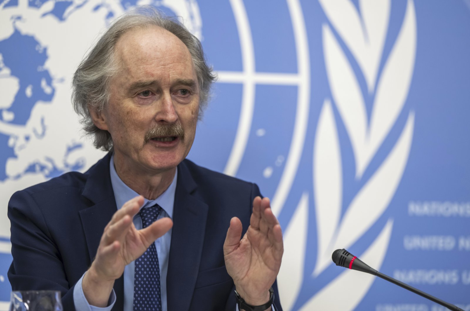 Geir O. Pedersen, U.N. Special Envoy for Syria, speaks about the update on the situation regarding Syria, during a press conference at the European headquarters of the United Nations in Geneva, Switzerland, Wednesday, March 8, 2023. (AP Photo)
