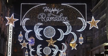 Lights celebrating the Muslim festival of Ramadan are displayed in the West End of London, U.K., March 23, 2023. (EPA Photo)