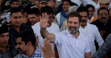India&#039;s Congress party leader Rahul Gandhi waves toward supporters in New Delhi, India, March 23, 2023. (Reuters Photo)