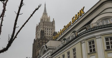 A logo of the Raiffeisen bank in front of the building of the Russian Ministry of Foreign Affairs in Moscow, Russia, March 16, 2023. (EPA Photo)