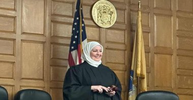 Nadia Kahf holds her gavel after being appointed as a judge, in Passaic County Superior Court, New Jersey, U.S., March 23, 2023. (Twitter Photo)