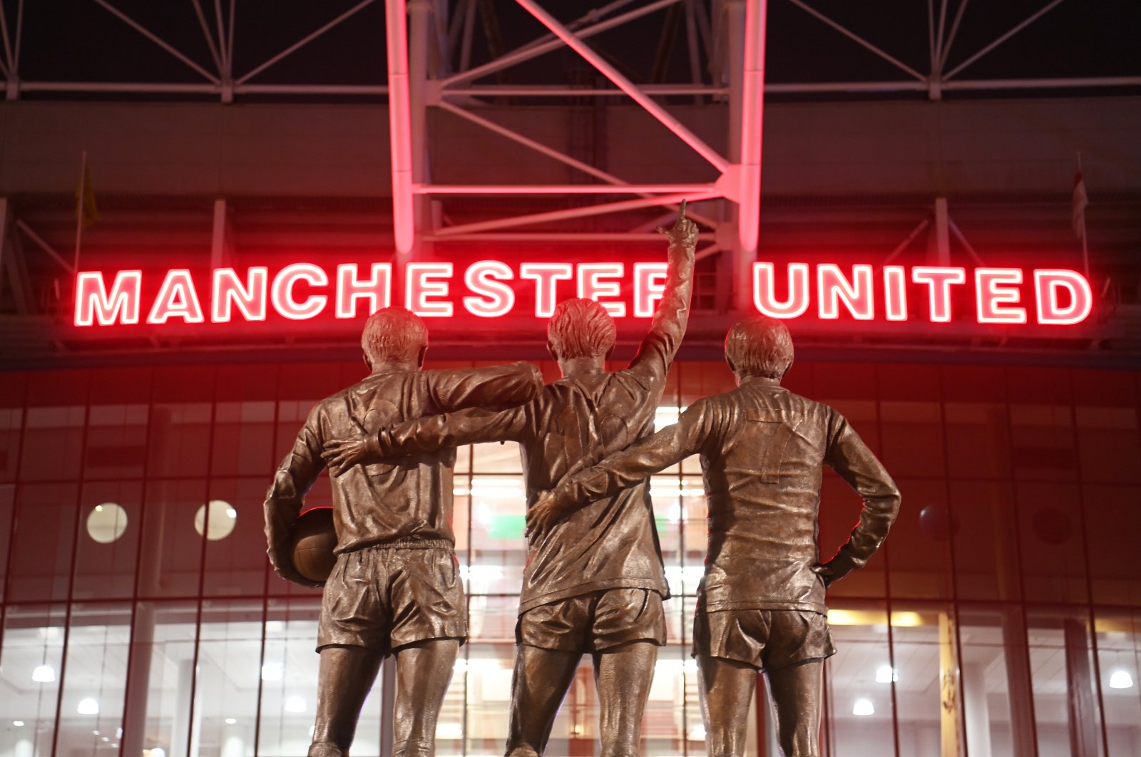 A general view of the Trinity Statue on the outside of the stadium of Sir Bobby Charlton, George Best and Denis Law prior to the Premier League match between Manchester United and Leeds United at Old Trafford, Manchester, U.K., Feb. 8, 2023. (Getty Photo)