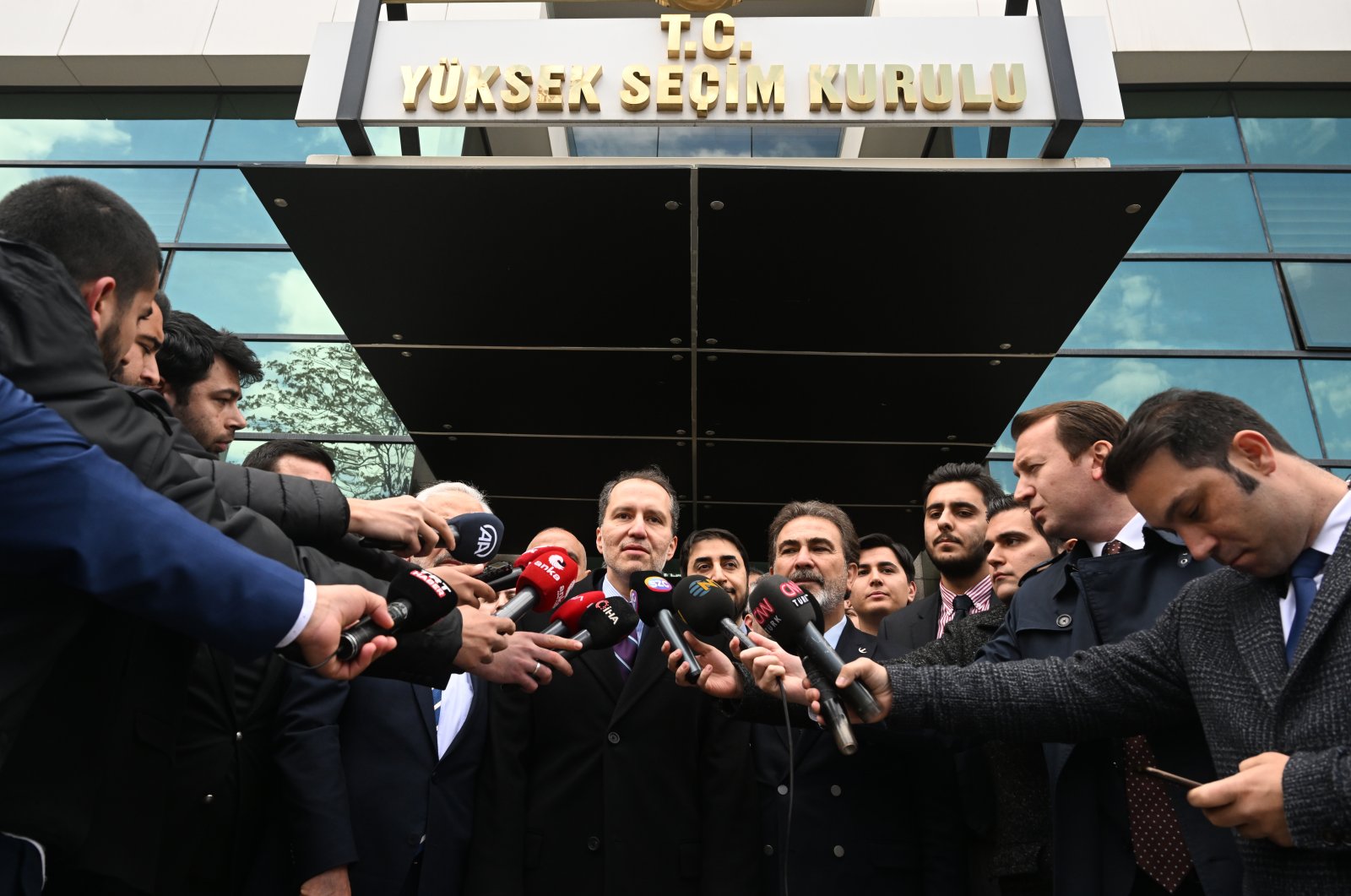 New Welfare Party Chairperson Fatih Erbakan speaks to reporters in front of Türkiye&#039;s top election board, Ankara, Türkiye, March 20, 2023. (AA Photo)