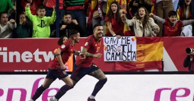 Spain forward Joselu (R) celebrates scoring in a UEFA Euro 2024 qualifier against Norway, Malaga, Spain, March 25, 2023. (AFP Photo)