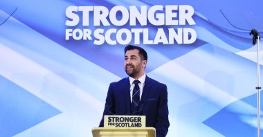The new leader of the Scottish National Party and former Health Secretary Humza Yousaf speaks after he is announced at Murrayfield Stadium in Edinburgh, Scotland, Britain, March 27, 2023. (EPA Photo)