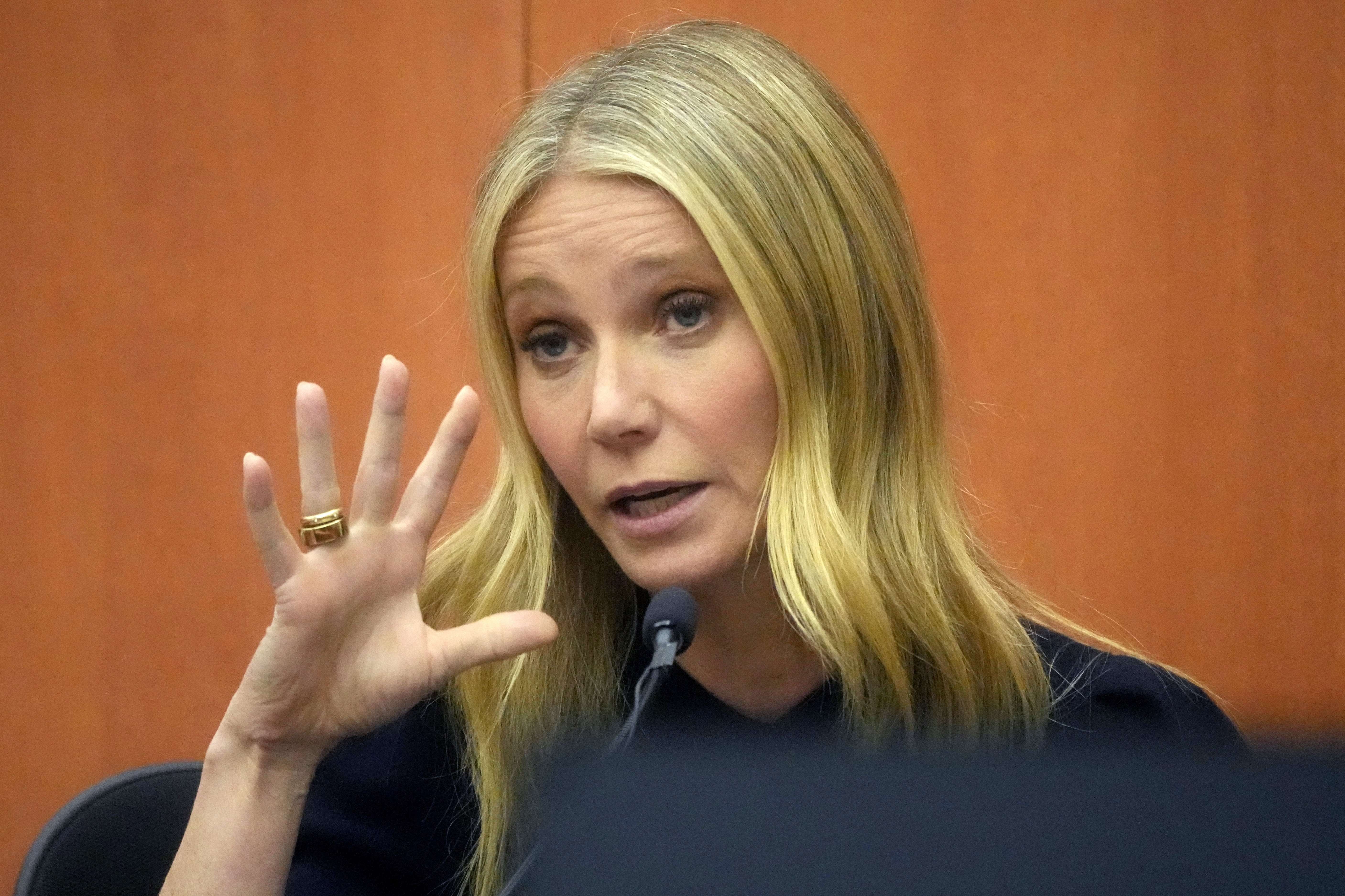 Gwyneth Paltrow appears on the stand in court where she is accused in a lawsuit of crashing into a skier during a 2016 family ski vacation, leaving him with brain damage and four broken ribs, in Park City, Utah, U.S., March 24, 2023. (EPA Photo)