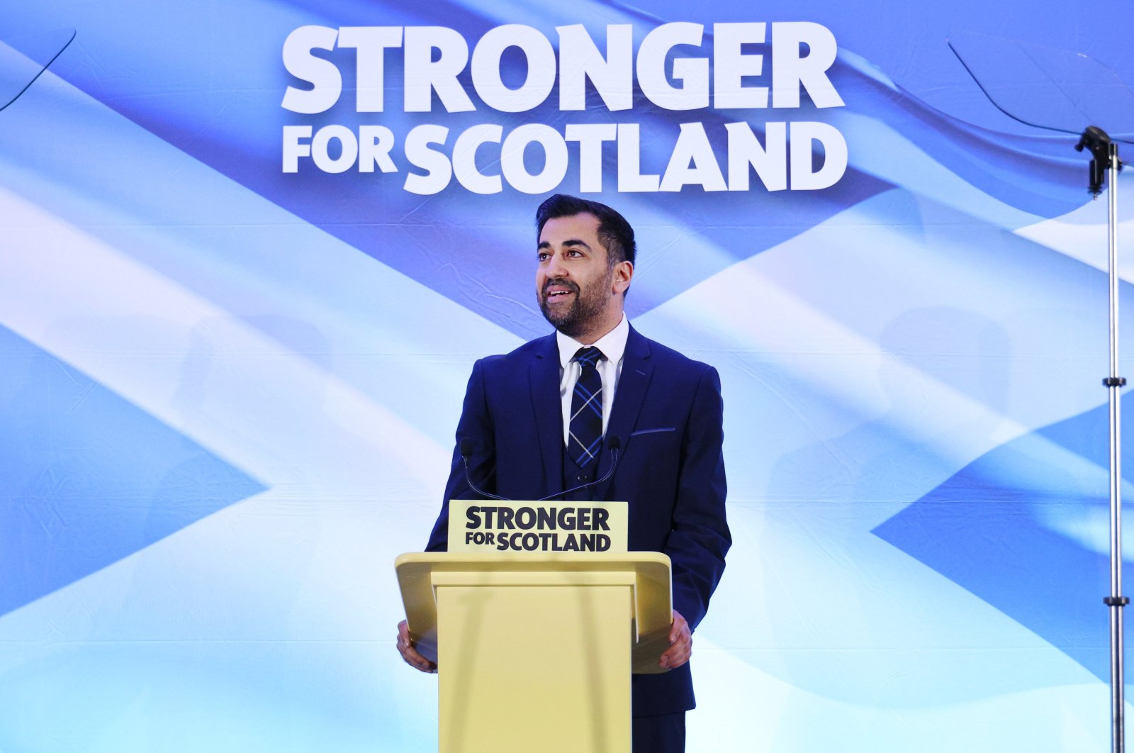 The new leader of the Scottish National Party and former Health Secretary Humza Yousaf speaks after he is announced at Murrayfield Stadium in Edinburgh, Scotland, Britain, March 27, 2023. (EPA Photo)