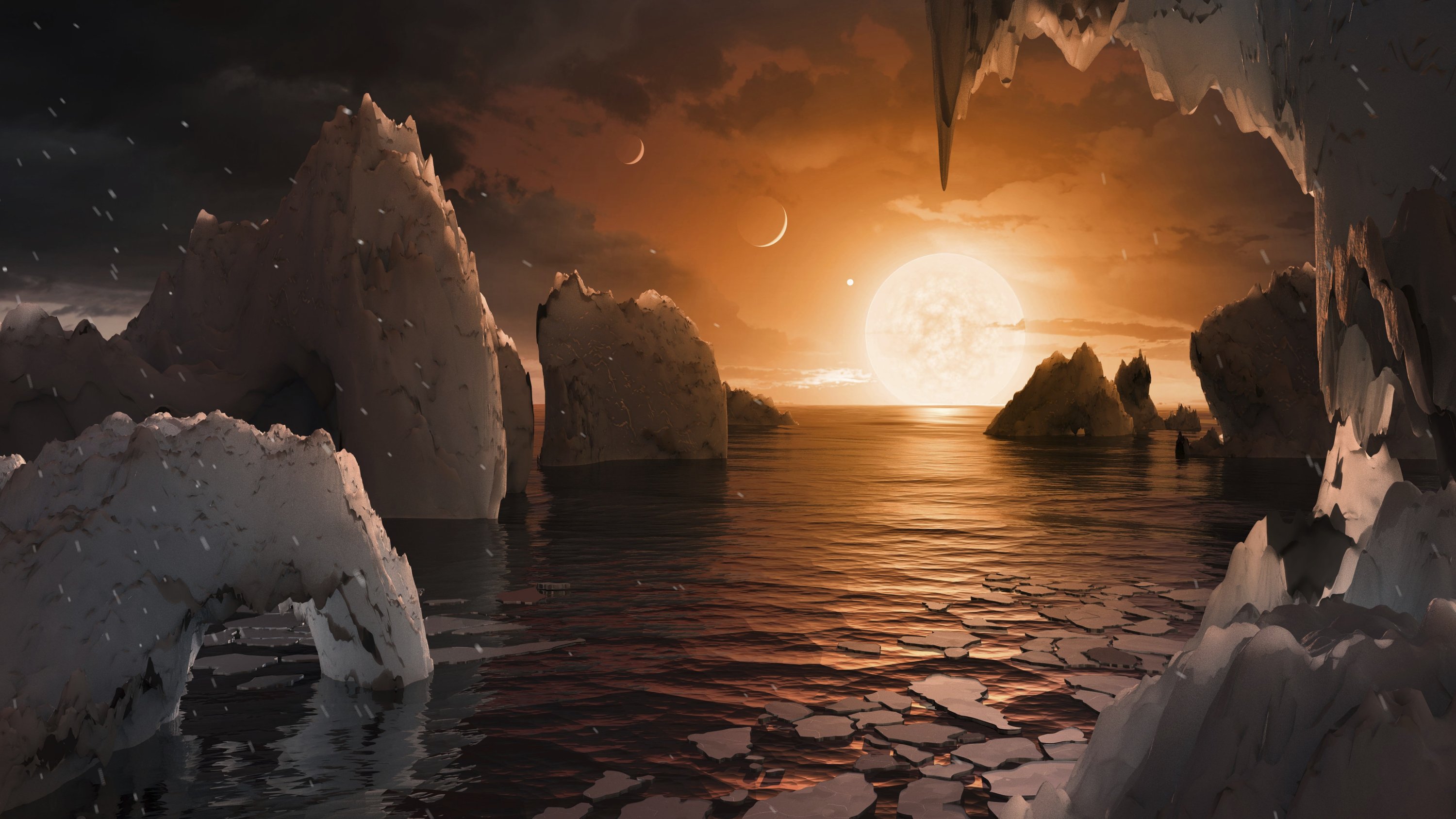 Konsepsi seorang seniman tentang seperti apa permukaan planet ekstrasurya TRAPPIST-1f, berdasarkan data yang tersedia tentang diameter, massa, dan jaraknya dari bintang induk.  (Foto AP)