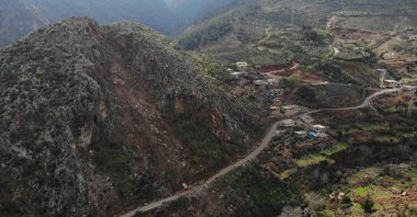 An aerial view of Güvenç village, destroyed by recent earthquakes, in Hatay's Hassa district, Türkiye, March 27, 2023. (IHA Photo)