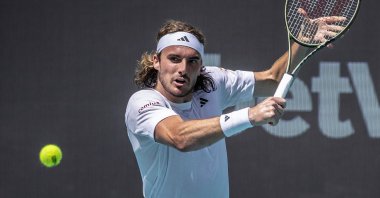 Greece's Stefanos Tsitsipas in action against Chile's Cristian Garin during the Men's Singles 3rd Round of the 2023 Miami Open tennis tournament at the Hard Rock Stadium, Miami, Florida, U.S., March 27, 2023. (EPA Photo)