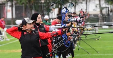 Archers aim for targets during the International Kahraman Bagatır Spring Arrows Archery tournament at the 100. Yıl Archery Facilities, Antalya, Türkiye, March 28, 2023. (AA Photo)