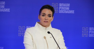 Hungarian President Katalin Novak attends a news conference during "The inaugural International Summit of the initiative Grain from Ukraine" in Kyiv, Ukraine, Saturday, Nov. 26, 2022. (AP File Photo)