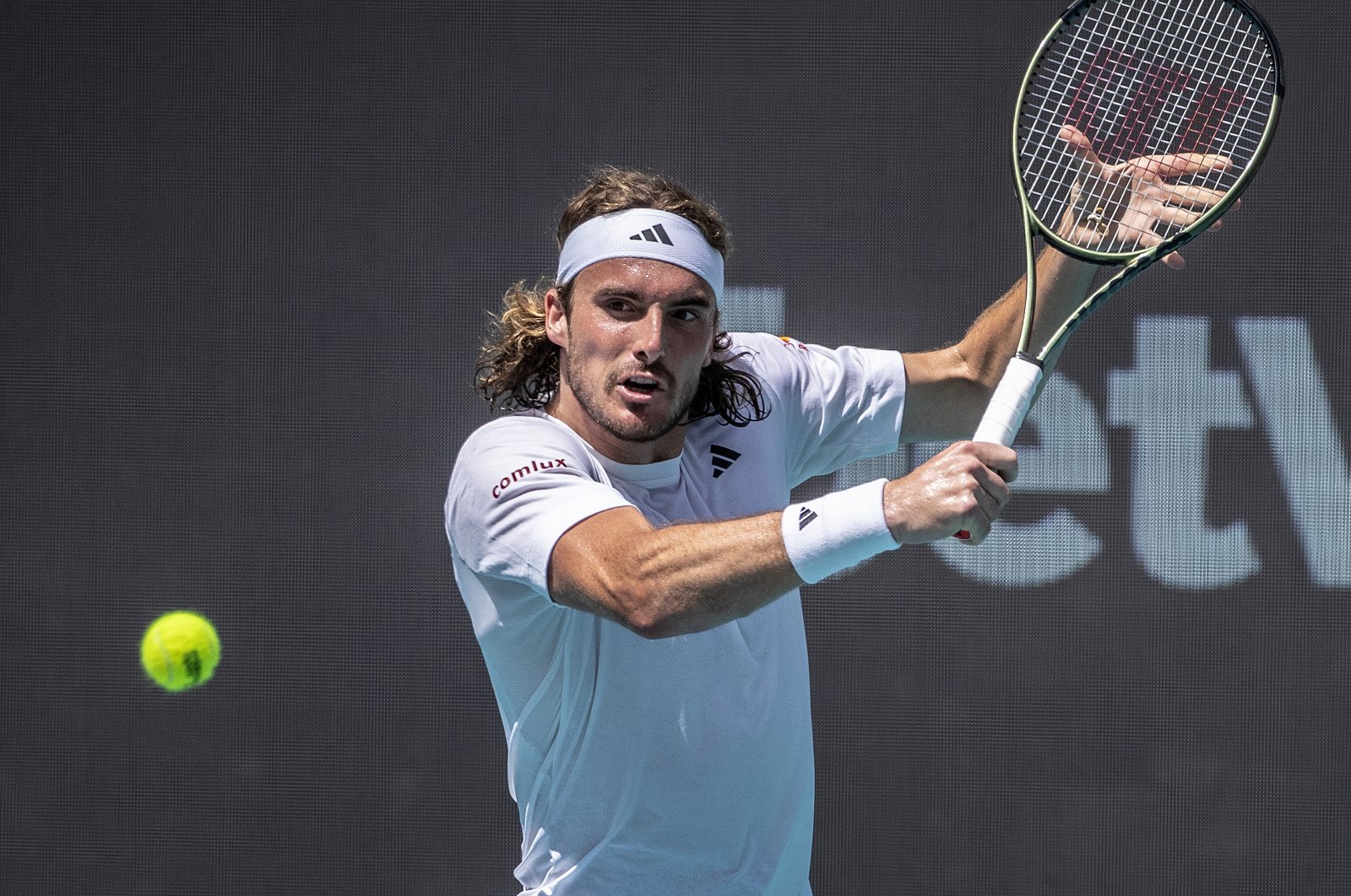 Greece&#039;s Stefanos Tsitsipas in action against Chile&#039;s Cristian Garin during the Men&#039;s Singles 3rd Round of the 2023 Miami Open tennis tournament at the Hard Rock Stadium, Miami, Florida, U.S., March 27, 2023. (EPA Photo)