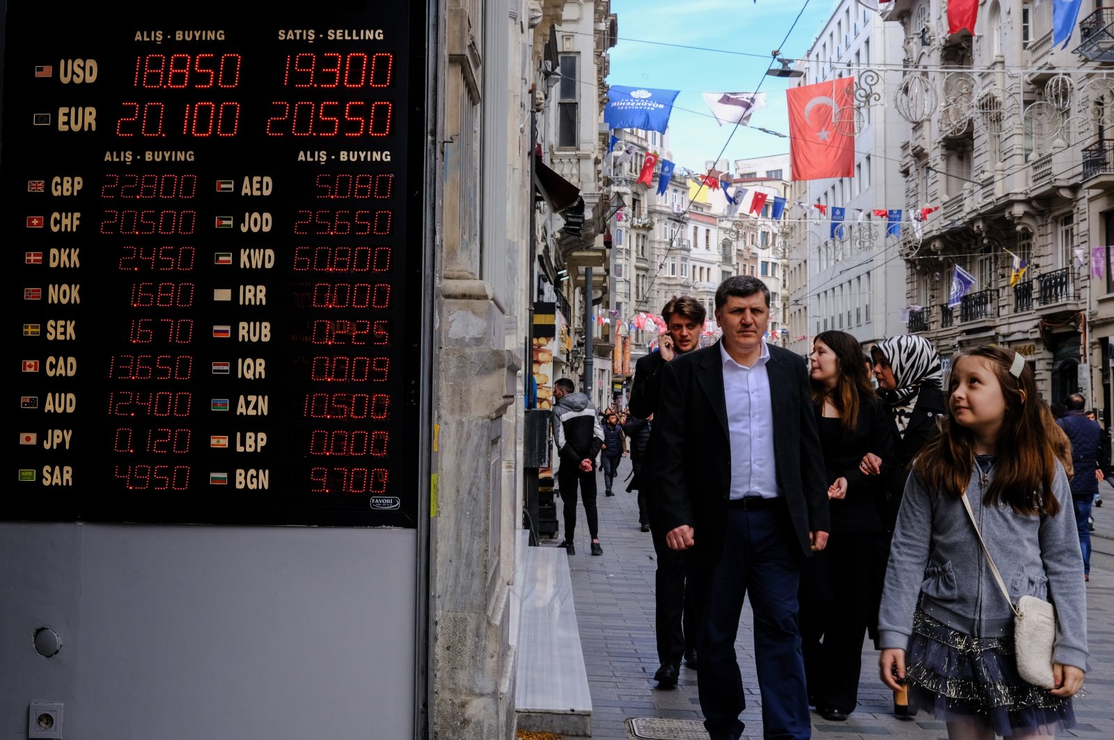 People walk past a board displaying exchange rates at a currency exchange office in Istanbul, Türkiye, March 15, 2023. (EPA Photo)