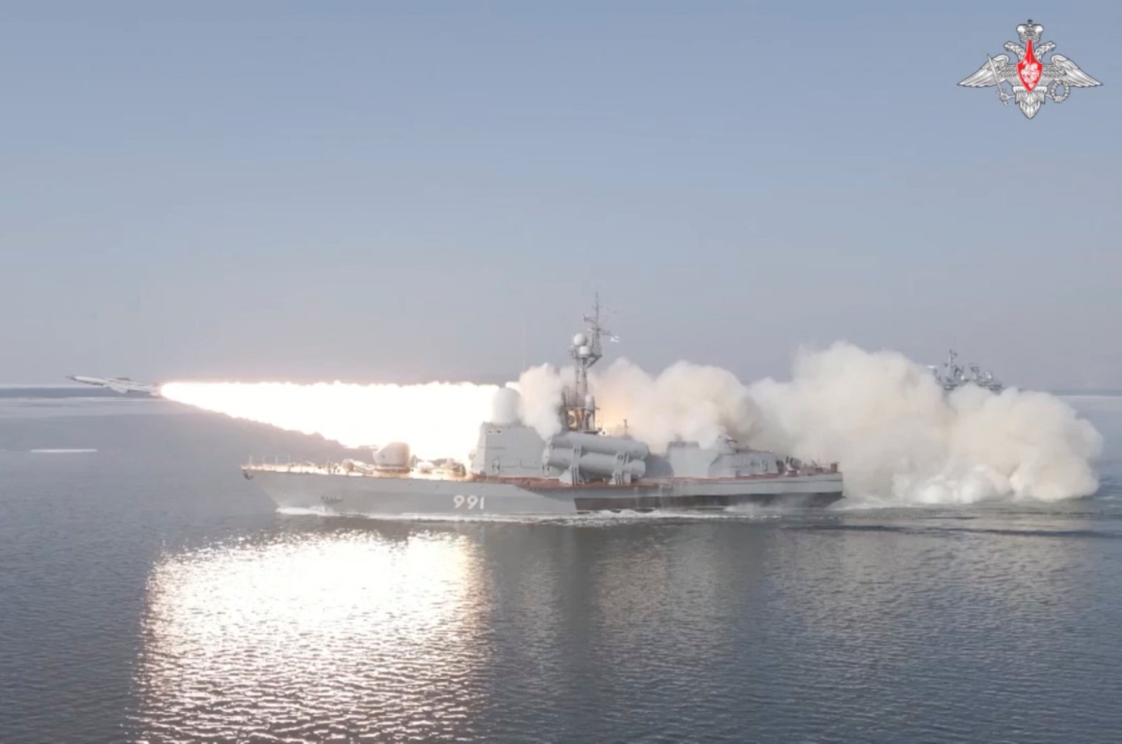 This video grab shows what it said to be a missile ship of Russia&#039;s Pacific Fleet firing a Moskit cruise missile at a mock enemy target in the Sea of Japan, March 28, 2023. (Rueters Photo)