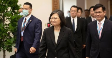 Taiwanese President Tsai Ing-wen (C) during her departure for Central America, Taoyuan, Taiwan, March, 29, 2023. (EPA Photo)