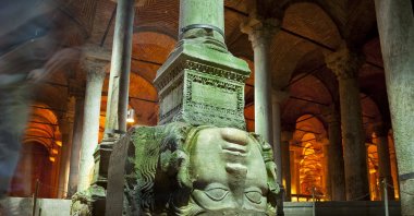 The upside down head of Medusa in the Basilica Cistern, Istanbul, Türkiye, March 15, 2023. (Getty Images Photo)