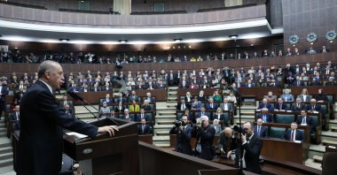President Erdoğan speaks at his party's group meeting, in the capital Ankara, Türkiye, March 29, 2023. (AA Photo)