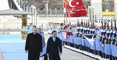 President Recep Tayyip Erdoğan, Hungary's President Katalin Novak attend official welcoming ceremony at the Presidential Complex in Ankara, Wednesday, March 29, 2023. (AA Photo)
