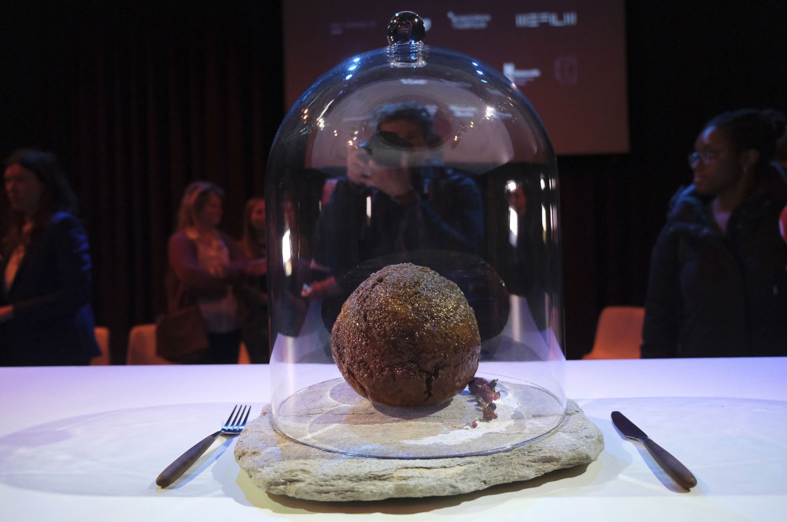 A meatball made using genetic code from a mammoth at the Nemo science museum in Amsterdam, The Netherlands, March 28, 2023. (AP Photo)
