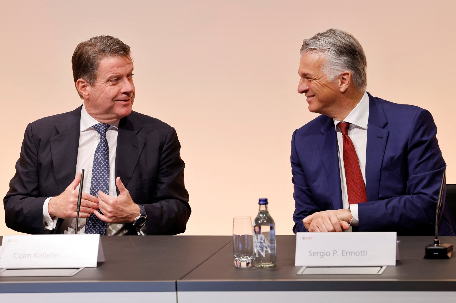 Newly appointed Group Chief Executive Officer of Swiss Bank UBS Sergio Ermotti (R) and UBS Chairperson Colm Kelleher speak during a news conference in Zurich, Switzerland, March 29, 2023. (Reuters Photo)