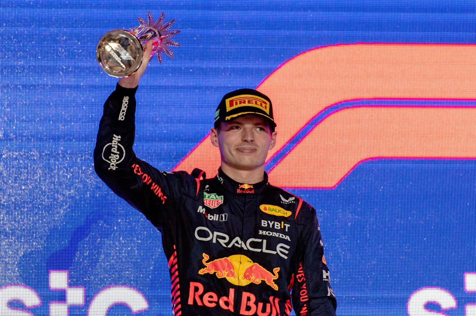 Dutch driver Max Verstappen of Red Bull Racing during the podium ceremony for the Formula One Grand Prix of Saudi Arabia at the Jeddah Corniche Circuit, Jeddah, Saudi Arabia, March 19, 2023. (EPA Photo)