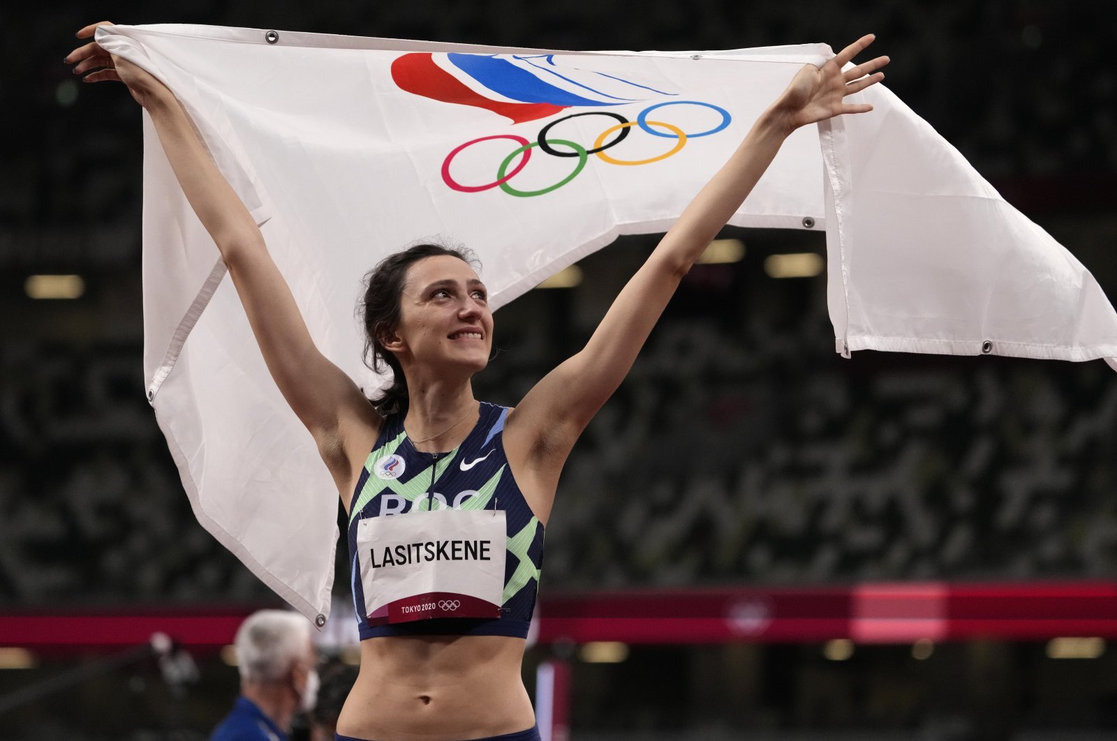 Mariya Lasitskene of the Russian Olympic Committee, reacts after winning the women&#039;s high jump final at the Tokyo 2020 Olympics, Aug. 7, 2021. (AP Photo)