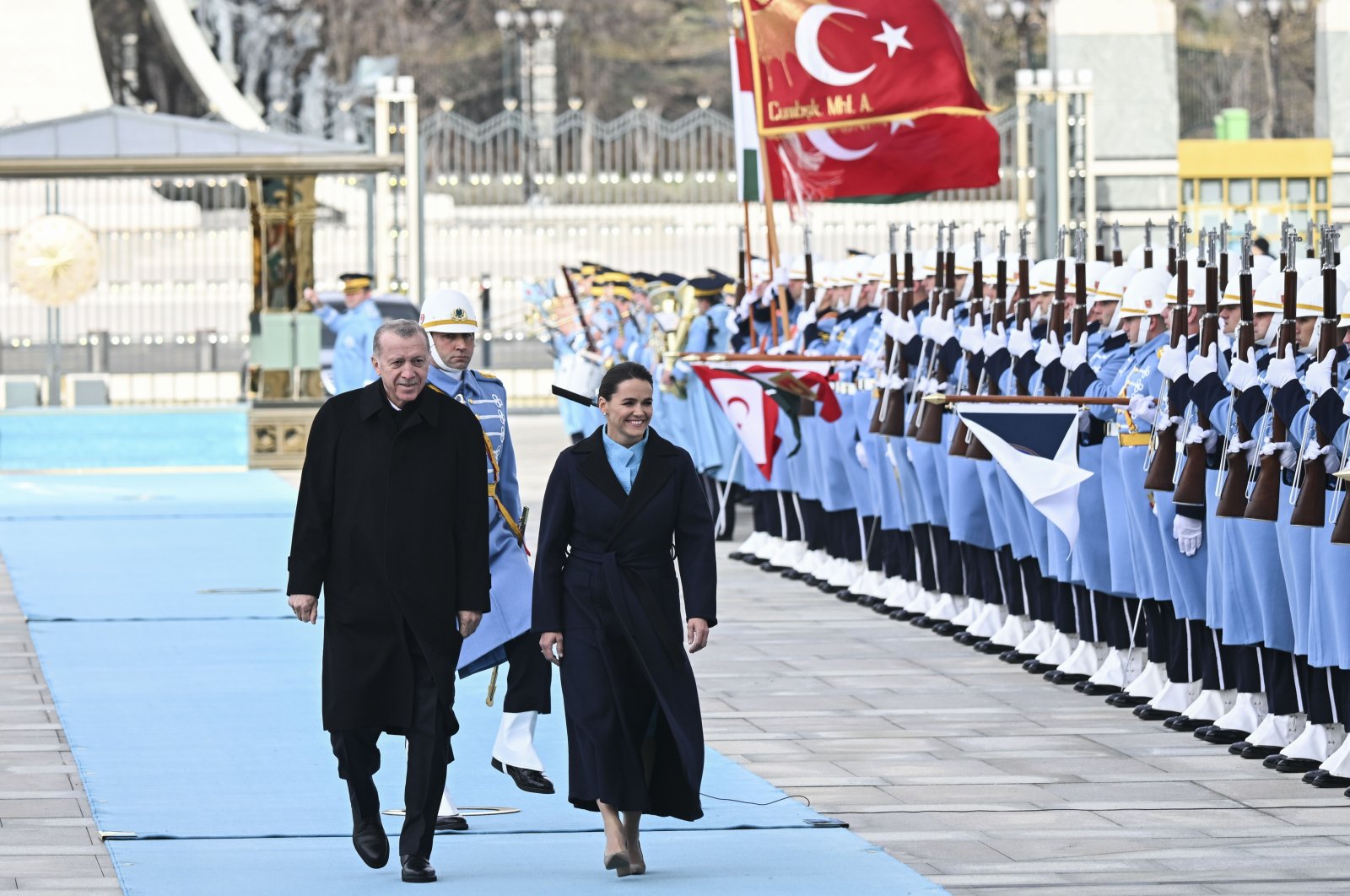 President Recep Tayyip Erdoğan, Hungary&#039;s President Katalin Novak attend official welcoming ceremony at the Presidential Complex in Ankara, Wednesday, March 29, 2023. (AA Photo)