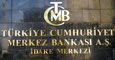 A logo of the CBRT at the entrance of the bank's headquarters in the capital Ankara, Türkiye, April 19, 2020. (Reuters Photo)