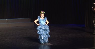 A model wears a dress designed from polythene bags on International Day of Zero Waste, Üsküdar, Istanbul, Türkiye, March 30, 2023. (IHA Photo)