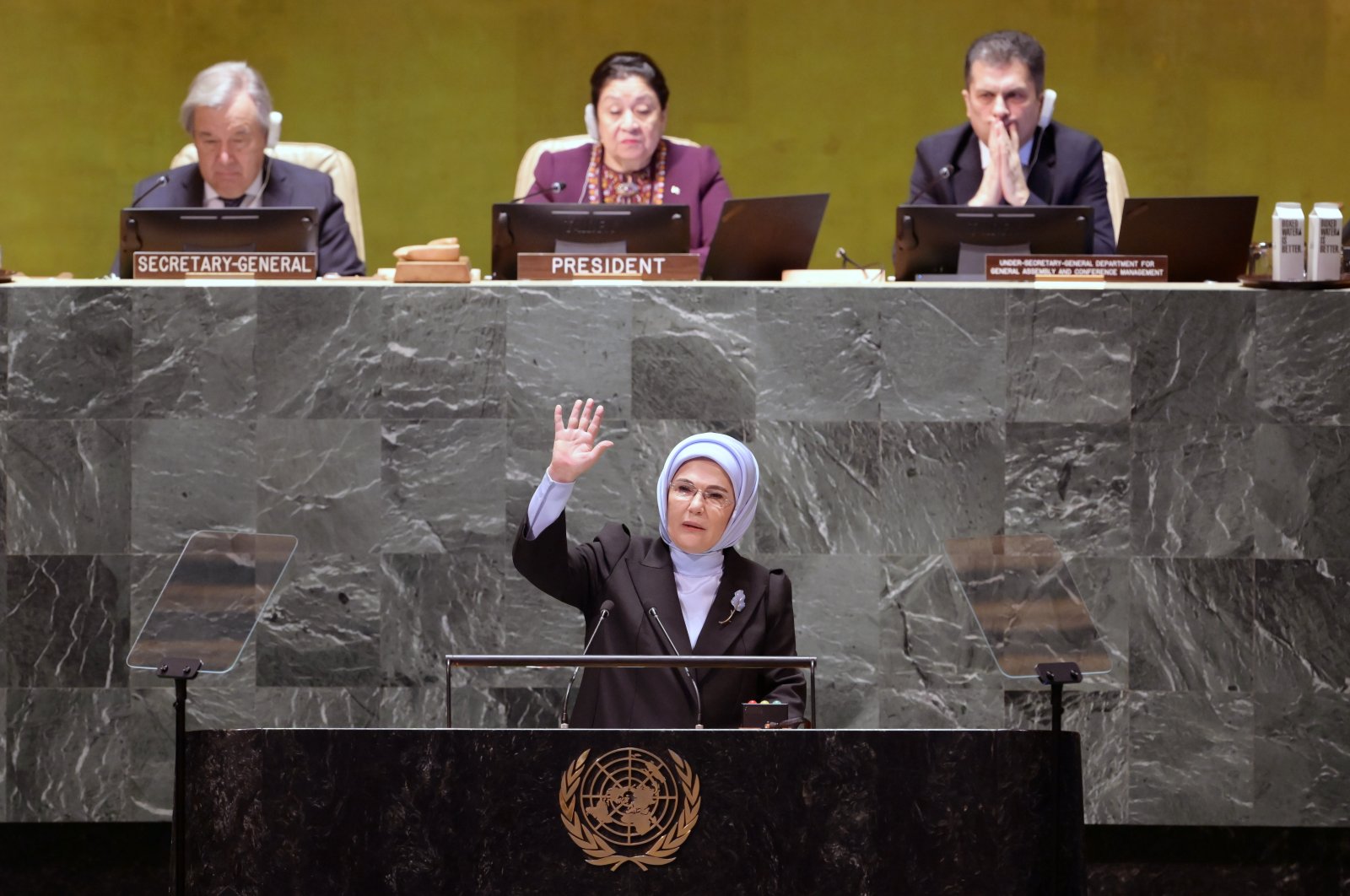 Türkiye&#039;s First Lady Emine Erdoğan delivers a speech during the U.N. General Assembly&#039;s high-level meeting on the occasion of International Zero Waste Day, in New York, U.S., March 30, 2022.