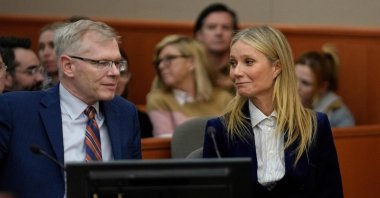 Actress Gwyneth Paltrow and her attorney Steve Owens smile after the reading of the verdict during her trial, in Park City, Utah, U.S., March 30, 2023. (AFP Photo)
