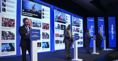 Presidential Communications Director Fahrettin Altun (L), Somalia’s Information, Culture and Tourism Minister Daud Aweis Jama (2nd L), African Union of Broadcasting CEO Gregoire Ndjaka (2nd R) and TRT General Manager Mehmet Zahid Sobacı share the first messages of TRT Africa at the ceremony, in Istanbul, Türkiye, March 31, 2023. (AA Photo)