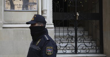 A police officer guards an area in front of the Iranian Embassy in Baku, Azerbaijan, Jan. 27, 2023. (AP File Photo)