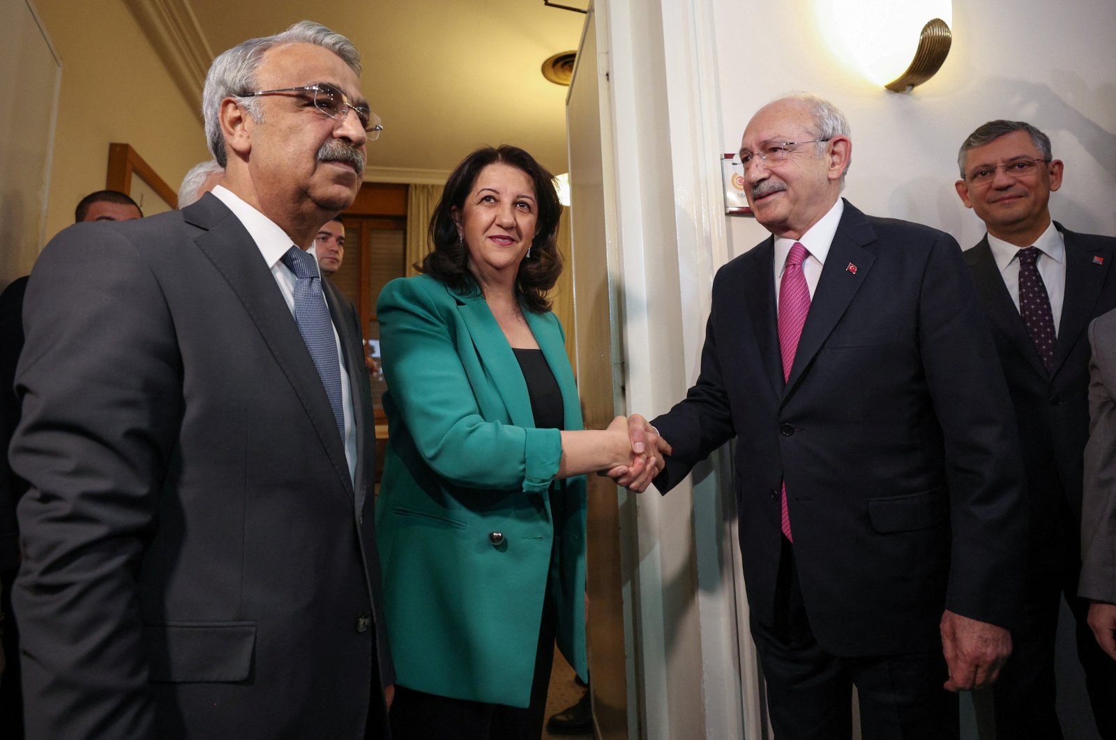Kemal Kılıçdaroğlu (R), the main opposition Republican People&#039;s Party (CHP) Chair and the presidential candidate of the main opposition alliance in the May elections, meets with co-leaders of the pro-PKK Peoples&#039; Democratic Party (HDP), Pervin Buldan and Mithat Sancar, Ankara, Türkiye, March 20, 2023. (Reuters Photo)