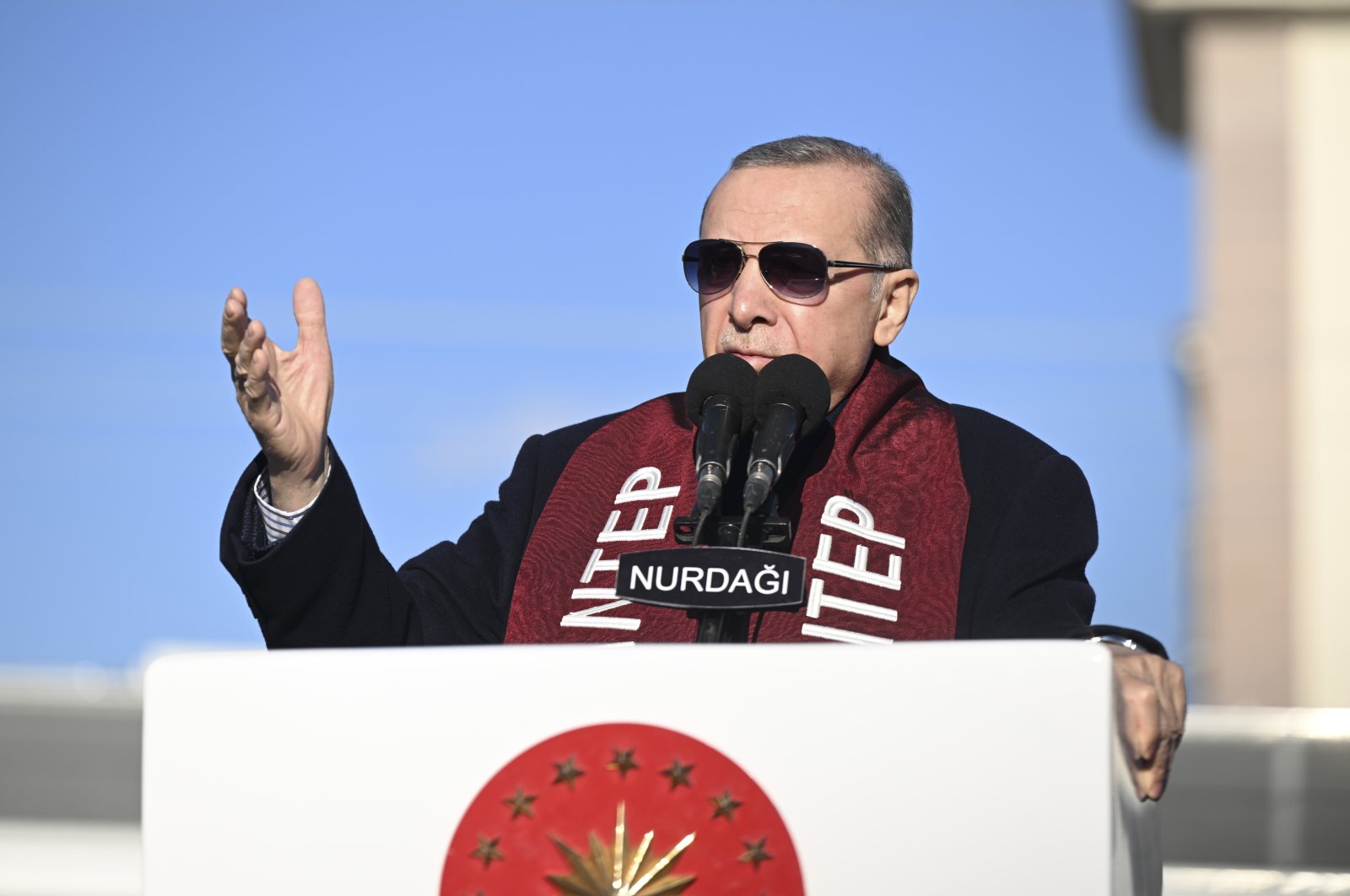 President Recep Tayyip Erdoğan speaks at the groundbreaking ceremony in Gaziantep&#039;s Nurdağı district, Türkiye, March 31, 2023. (AA Photo)