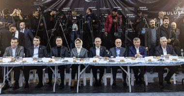 The leaders of the opposition bloc Nation Alliance participate an iftar program with the survivors of the deadly Feb. 6 earthquake, in Malatya, Türkiye, March 24, 2023. (Getty Images Photo)