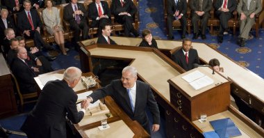Israeli Prime Minister Benjamin Netanyahu (C) greets U.S. Vice President Joe Biden before addressing a joint meeting at the U.S. Congress, Washington, D.C., U.S., May 24, 2011. (Getty Images Photo)
