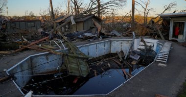 A swimming pool is seen filled with debris in the aftermath of a tornado in Little Rock, Arkansas, U.S., April 1, 2023. (Reuters Photo)