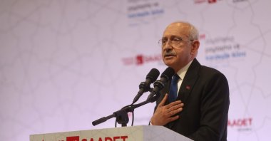 Republican People&#039;s Party (CHP) Chair Kemal Kılıçdaroğlu speaks at an iftar dinner in Istanbul, Türkiye, April 1, 2023. (AA Photo)
