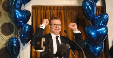 The National Coalition Chairman Petteri Orpo speaks to supporters at the party&#039;s parliamentary election party, following the Finnish parliamentary elections, Helsinki, Finland, April 2, 2023. (AFP Photo)