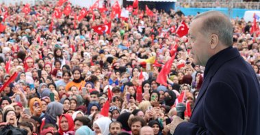 President Recep Tayyip Erdoğan addresses Justice and Development Party (AK Party) supporters in Istanbul, Türkiye, April 2, 2023. (İHA Photo)